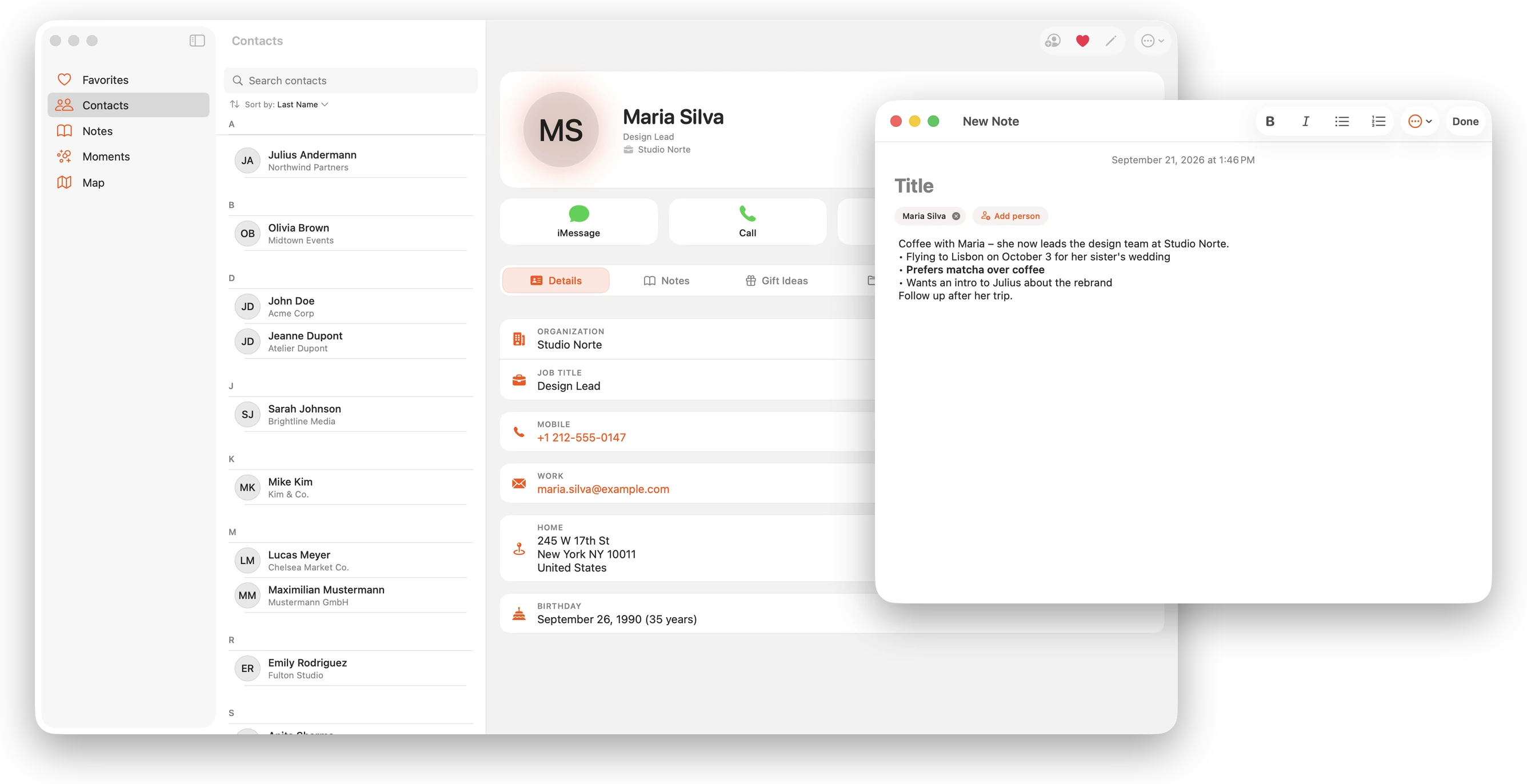 Starrise Contacts for Mac showing a contact’s details and a note in its own window
